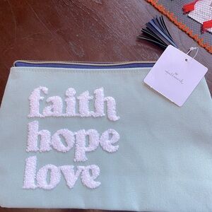NWT Hallmark “Faith Hope Love” cotton pouch! Zipper pull has navy hassle!